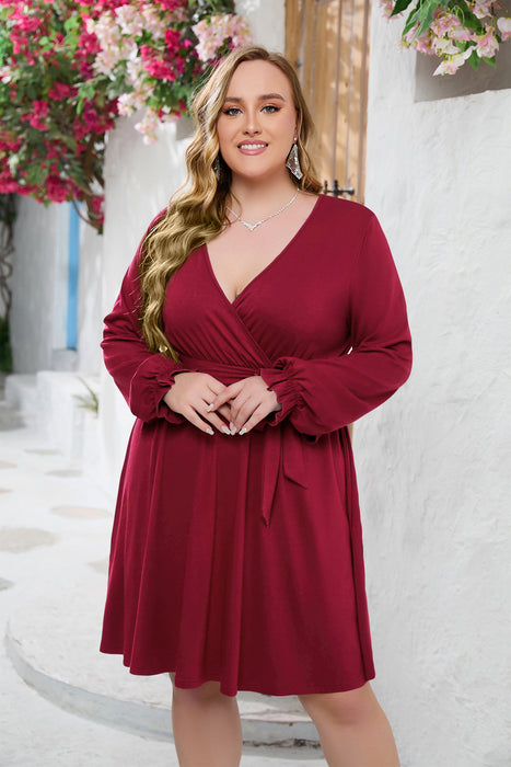 Color-Red-Plus Size Solid Color V Neck Dress-Fancey Boutique