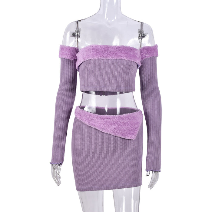 Color-Purple-Sexy off the Shoulder Wrapped Chest Hollow Out Cutout Cropped Fur Hip Skirt Set-Fancey Boutique