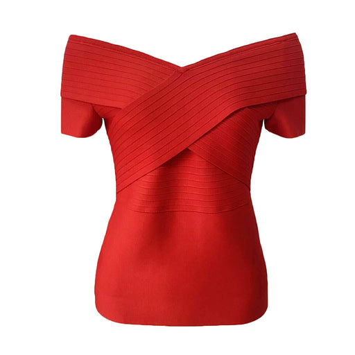 Color-Red-Sexy Women Wear off Shoulder Top Elegant Slim Elastic Bandage Knitted Short Sleeved T shirt-Fancey Boutique