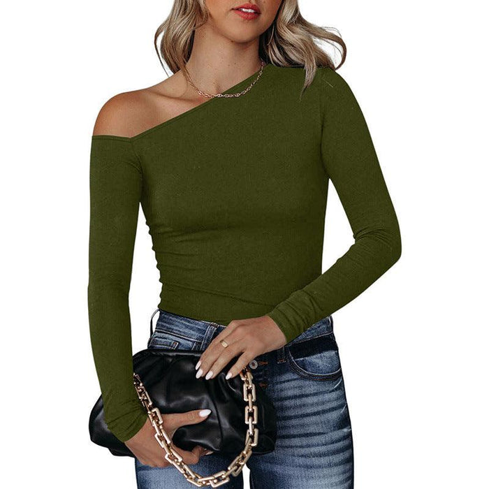 Color-Green-Autumn Solid Color Slim Bottoming Shirt Women Simple Asymmetric Slimming Long Sleeve Top Women-Fancey Boutique