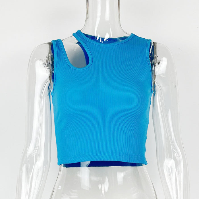 Summer Women Clothes Cropped Sleeveless Top Sexy Tight Solid Color Vest-Blue-Fancey Boutique