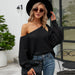 Color-Black-Sweater Women Autumn Winter Sexy Shoulder-Baring Sweater Solid Color Loose Batwing Sleeve Knitted Top-Fancey Boutique