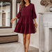 Color-Burgundy-Spring Summer Casual Women Clothing V neck Solid Color Loose Dress-Fancey Boutique
