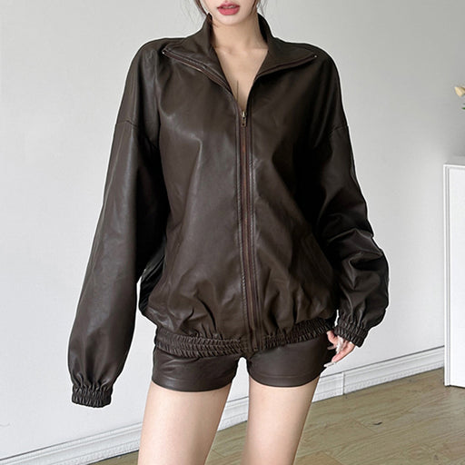 Street Vintage Brown Loose Zip Leather Jacket Shorts Sexy Casual Two Piece Set-Fancey Boutique