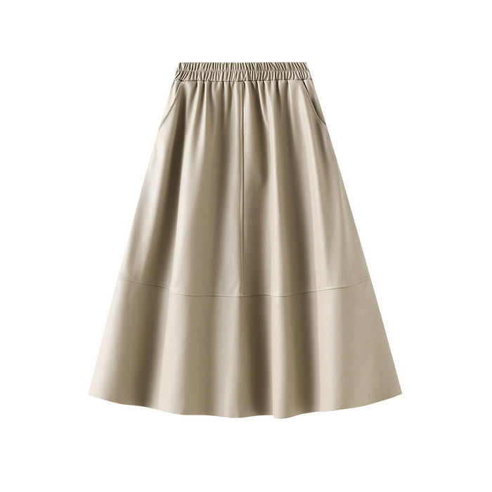 Color-Oats-Artificial Leather Retro Leather Skirt Mid Length Skirt Women High Waist A Line Skirt Long Skirt Elegant Umbrella Skirt-Fancey Boutique