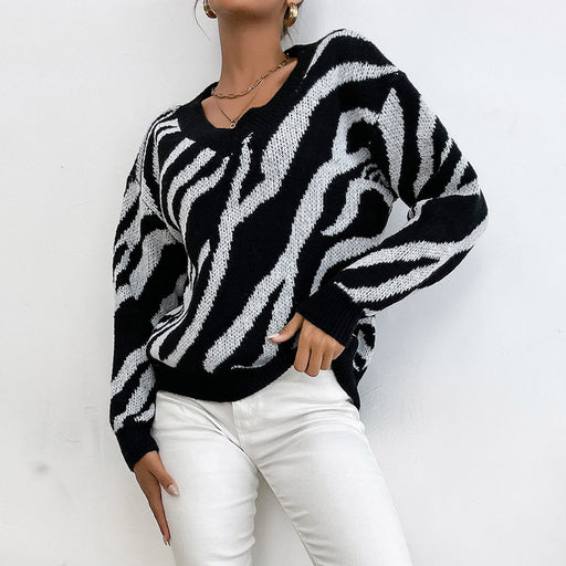 Color-Black-Clothing Base Pullover V neck Black Zebra Print Sweater-Fancey Boutique