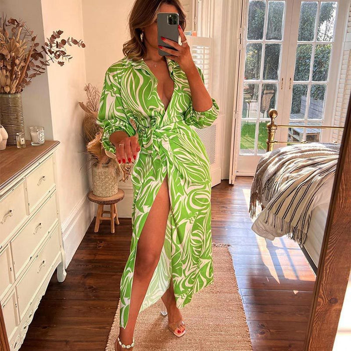 Color-Green-Women Clothing Autumn Sexy Slit Lace up Waist Controlled V neck Shirt Elegant Dress Women-Fancey Boutique