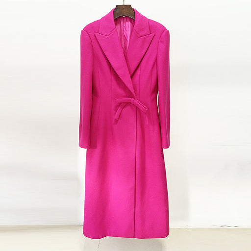 Color-Rose Pink-Goods Autumn Winter Star Slim Fit Bow Long Woolen Coat Woolen Coat-Fancey Boutique