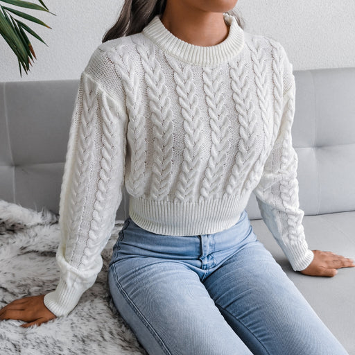 Color-White-Women Fall Winter Twist Waist Trimming Knitted Cropped Sweater Clothing-Fancey Boutique