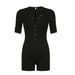 Color-Black-Street Casual Women Solid Color Basic Slim V neck Single Row Buckle Mid Sleeve Jumpsuit-Fancey Boutique