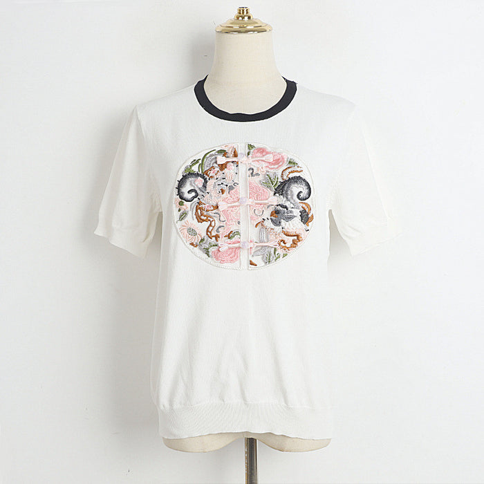 Chinese T shirt Women Short Sleeve Early Summer Chinese Machine Embroidery Knitted round Neck Bottoming Tops-Fancey Boutique