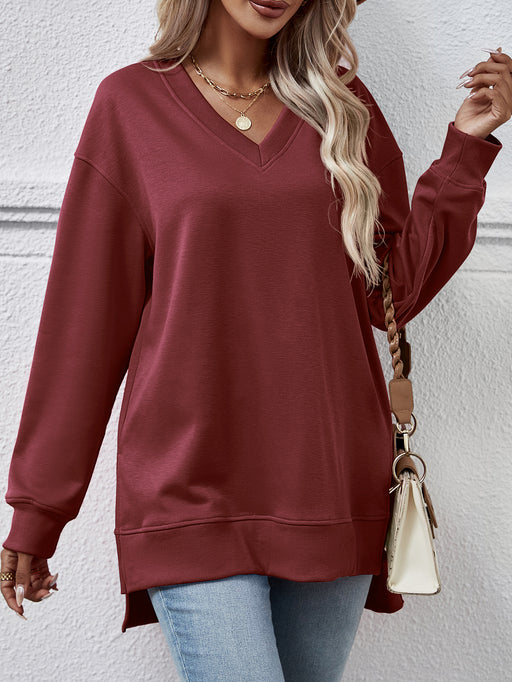 Color-Burgundy-Autumn Winter Women Clothing Sweater Solid Color V Neck Split Front Short Back Long Blouse-Fancey Boutique