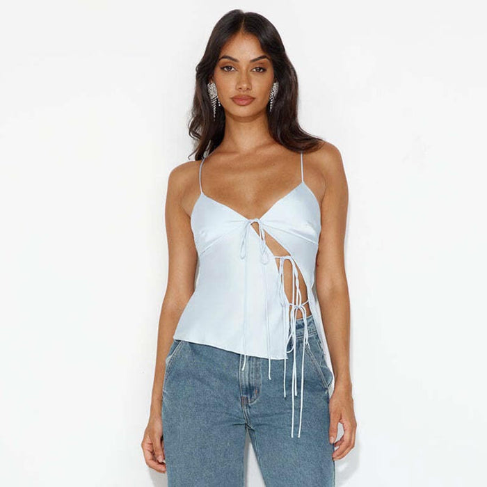 Color-Light Blue-Women Clothing Summer Solid Color Low Cut Sling Rope Sexy Waist Hollow Out Cutout Tops-Fancey Boutique