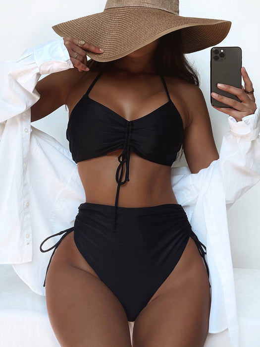 Color-Black-Bikini Outer Single Swimsuit New Women Split Swimsuit Solid Color Sexy Pleating Bikini-Fancey Boutique