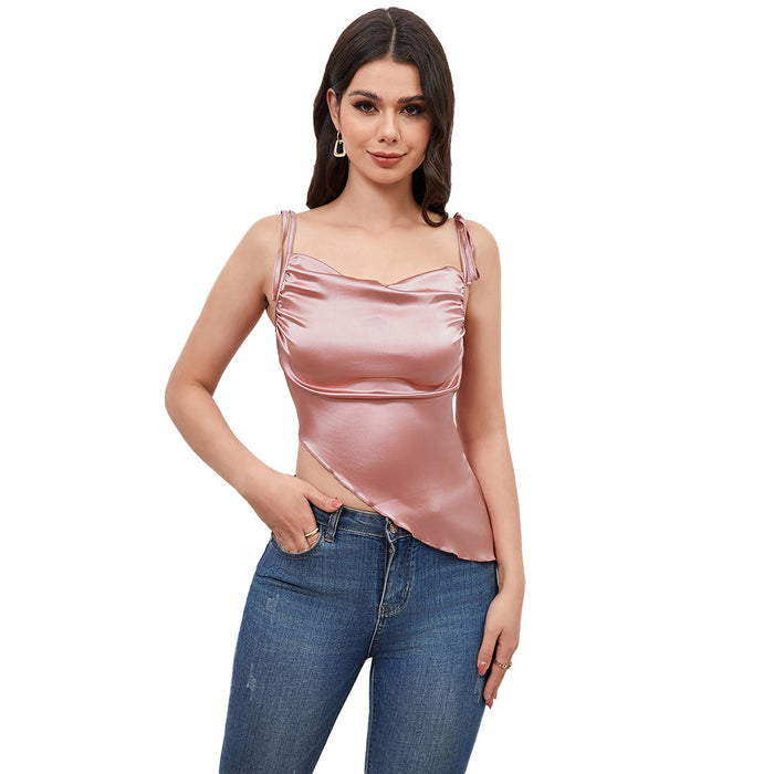 Vinegar Satin Acid Lace up Fashionable Irregular Asymmetric Hem Slim Fit Sexy Short Top-Tank Top-Pink-Fancey Boutique