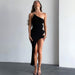 Color-Black-Women One Shoulder Sleeveless Side Slit Hollow Out Cutout out Sexy Dress-Fancey Boutique