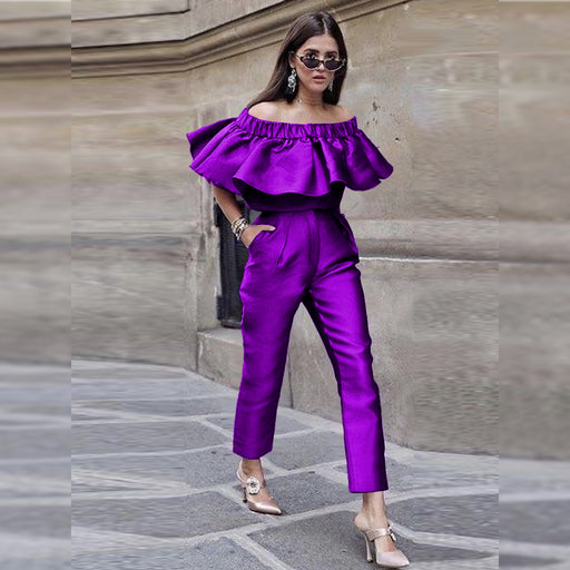 One Neck Ruffle Sleeve Shirt High Waist Party Spat Trousers Two Piece Set Women Two Piece Set-Violet Color-Fancey Boutique