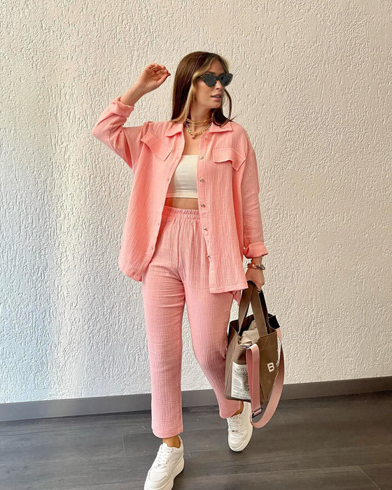Color-Pink-Women Crepe Loose Collared Long Sleeves Shirt Straight Leg Pants Casual Suit Women-Fancey Boutique
