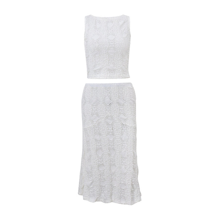 Summer Casual Sexy Two Piece Suit O Neck Short Vest Skirt-White-Fancey Boutique