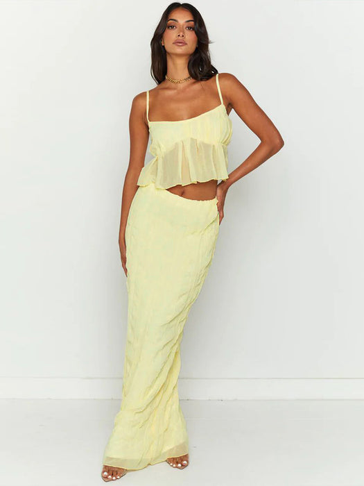 Color-Yellow-Elegant Chiffon Skirt Two Piece Women Suspender Skirt Set-Fancey Boutique