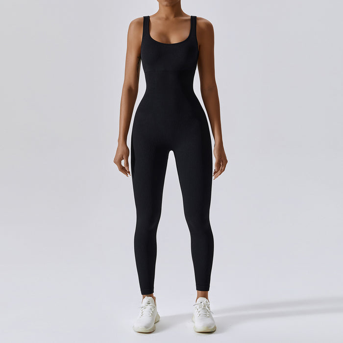 Color-Black-Spring Seamless Yoga Jumpsuit Dance Cinched Waist Slim Fit Sports Stretch Tight Jumpsuit-Fancey Boutique