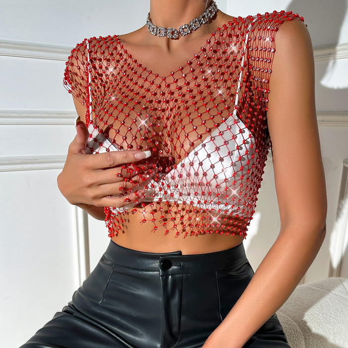 Color-Red-Fishnet Light Diamond Sexy Top Vest-Fancey Boutique