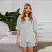 Color-Green-Pajamas Women Spring/Summer Rib Sunken Stripe Pajamas Solid Color Short Sleeve Home Wear Suit-Fancey Boutique
