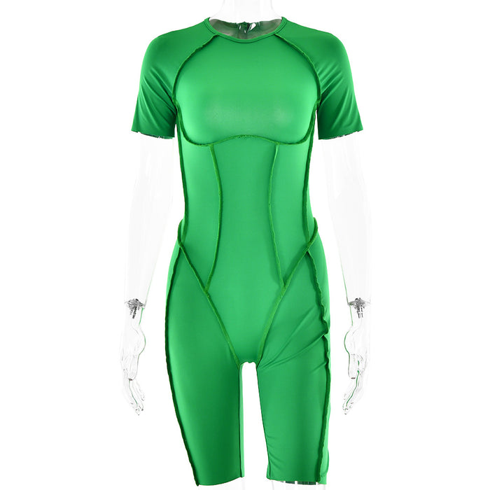 Spring Arrival Women Clothing Sexy Casual Short Sleeve Solid Color Backless High Waist Slim Fit Romper-Green-Fancey Boutique