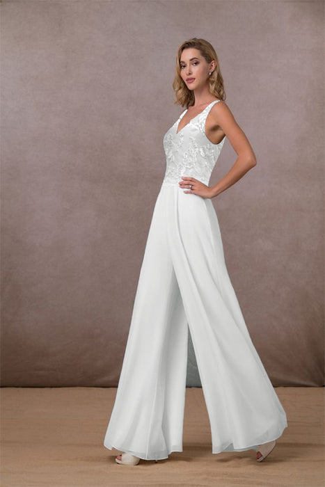 Jumpsuit Lace Chiffon Jumpsuit V neck Mid Waist White Trousers Wide Leg Pants-Fancey Boutique