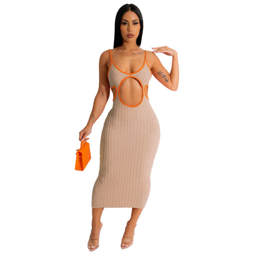 Color-Apricot-Women Clothing Solid Color Hollow Out Cutout Handmade Knitted Sweater Contrasting Color Dress-Fancey Boutique