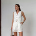 Summer Casual Solid Color Sleeveless Vest Shorts Office Cotton Linen Set-White-Fancey Boutique