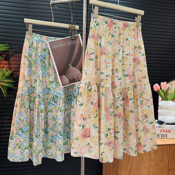 Floral Skirt Women Summer High Waist Slimming Loose Cover A line Skirt Mid Length Skirt-Fancey Boutique