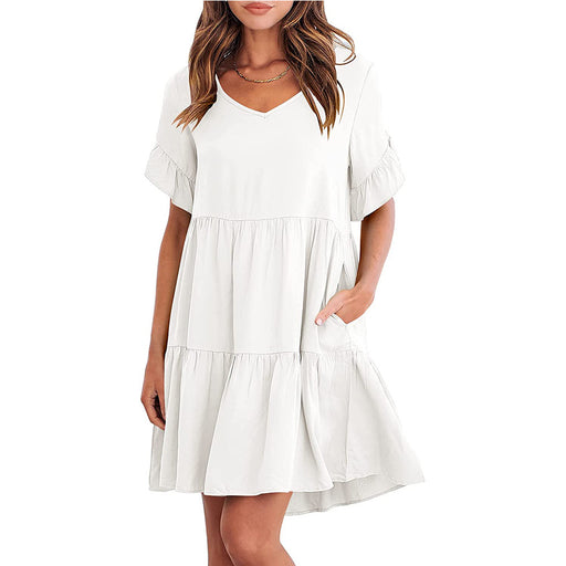 Color-White-Women Summer Casual V Neck Little Girl Clothes Three Layer Pleated Dress-Fancey Boutique