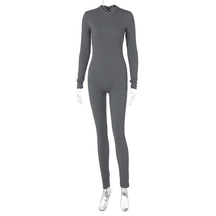 Color-Gray-Popular Women Clothing Autumn Solid Color Slim Yoga Sports Jumpsuit-Fancey Boutique