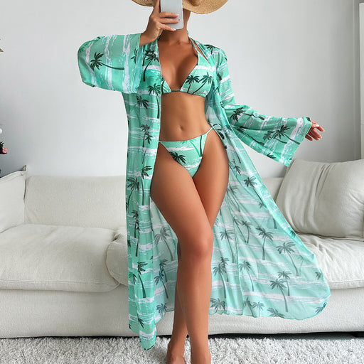 Color-Green-Swimsuit Women Split Three Piece Suit Printing Mesh Red Long Sleeve Sunken Stripe Bikini Swimsuit-Fancey Boutique