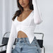 Color-White-Chic Sexy U Collar Hollow Out Cutout Out Top Bat down U Cropped Sexy Slim Long Sleeve T Shirt Women-Fancey Boutique