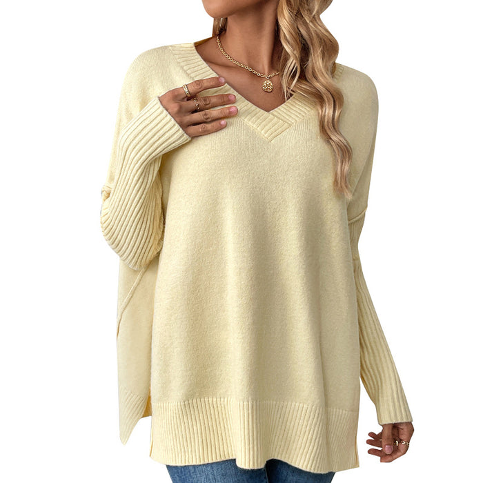 Color-Yellow-Autumn Winter Pullover Sweater Idle V neck Casual Stitching Long Sleeved Sweater for Women-Fancey Boutique