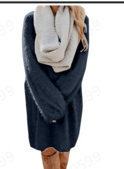 Color-Purplish Blue-Autumn Winter Women Clothes Mid Length Long Sleeve Round Neck Loose Plush Dress-Fancey Boutique