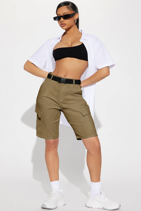 Color-Khaki-Workwear Shorts Mid Pants Spring Summer Fifth Pants High Street Belt Solid Color Women Pants-Fancey Boutique