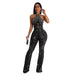 Color-Black-Women Solid Color Rhinestone Sleeveless Halter Trousers Jumpsuit-Fancey Boutique