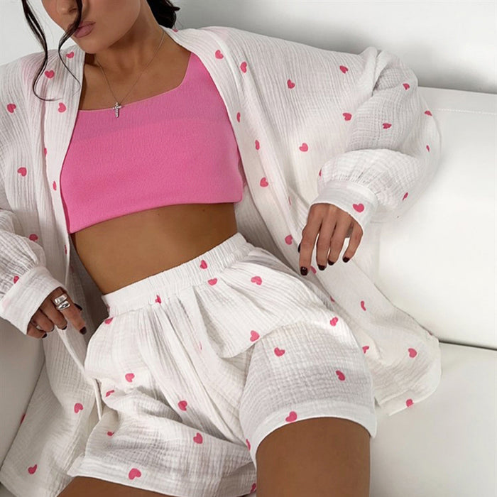 Color-Pink-Artificial Silk Heart Printing Lace up Shorts Pajamas Suit Comfortable Breathable Ladies Homewear-Fancey Boutique