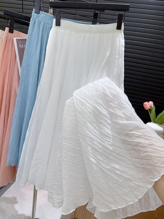 Lazy Yamamoto Cotton Linen Skirt for Women Summer Pleated High Waist Big Swing Umbrella Skirt Mid Length Skirt-White-Fancey Boutique