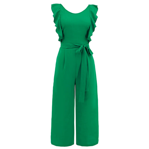 Color-Green-Summer Women Clothing Flounce Sleeveless Lace up Jumpsuit Mid-Length Straight Leg Pants-Fancey Boutique