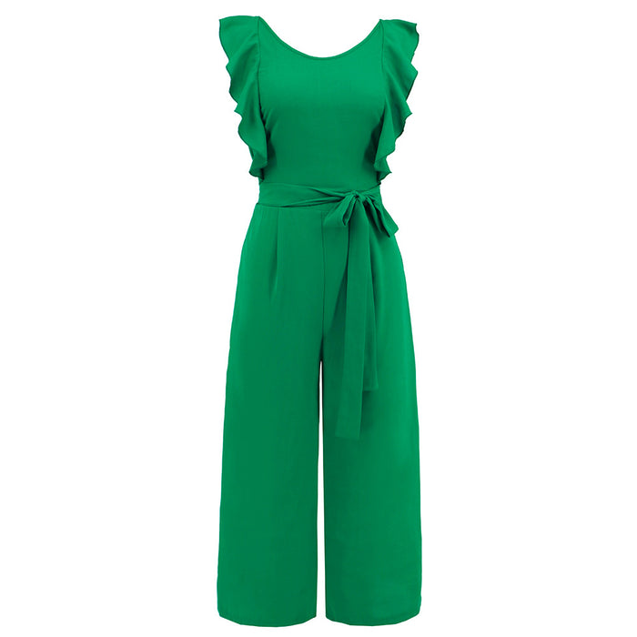 Color-Green-Summer Women Clothing Flounce Sleeveless Lace up Jumpsuit Mid-Length Straight Leg Pants-Fancey Boutique