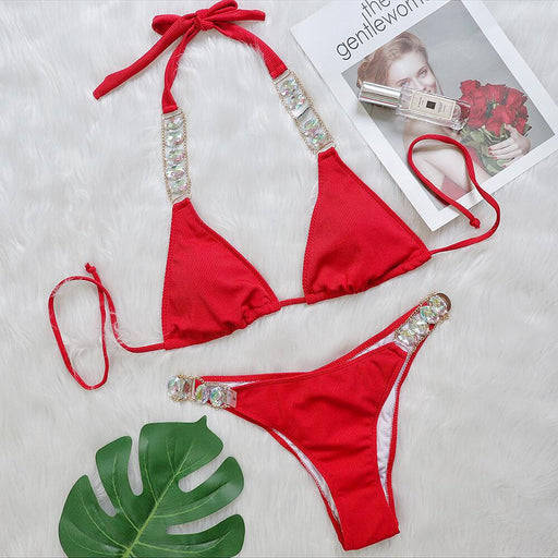 Color-Red-Bikini Plain Women Split Strap Luxury Diamond Swimsuit Sexy Metal Chain Accessories Swimwear-Fancey Boutique