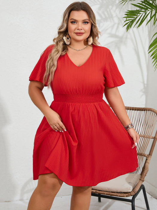 Color-Red-Summer Women Clothing Solid Color plus Size Smocking V neck Waist Tight Women Short Sleeved Dress-Fancey Boutique