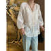 Sinan Chinese Pearl Buckle Design V Neck Embroidery Shirt Two Piece Sling-Ivory-Fancey Boutique