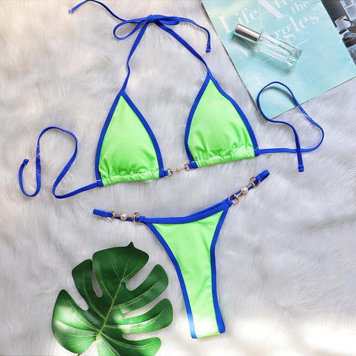 Color-Green-Sexy Bikini Patchwork Metal Accessories Pearl Women Split Swimsuit Vacation Swimsuit-Fancey Boutique
