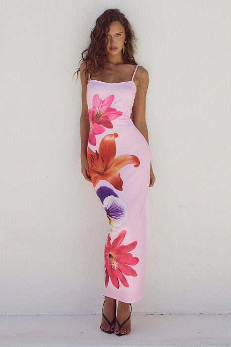 Summer Women Clothing Sexy Strap Floral Print Slim Fit Maxi Dress-Pink-Fancey Boutique