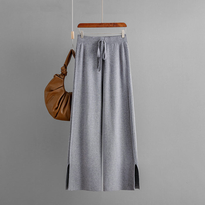 Color-Gray-Knitted Wide Leg Pants for Women Autumn Autumn Winter Loose High Waist Slimming Straight Draping Mopping Pants-Fancey Boutique